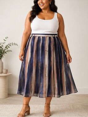 ModCloth Striped Midi Skirt A-Line Elastic Waist Blue Tan 1X